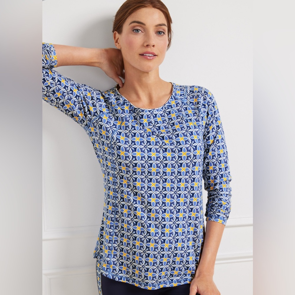 Talbots Blue and White Fitted Long Sleeve Blouse
